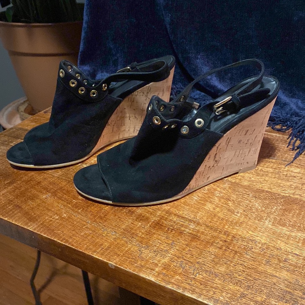 Stuart Weitzman black suede peep toe wedge with gold details, size 8.5